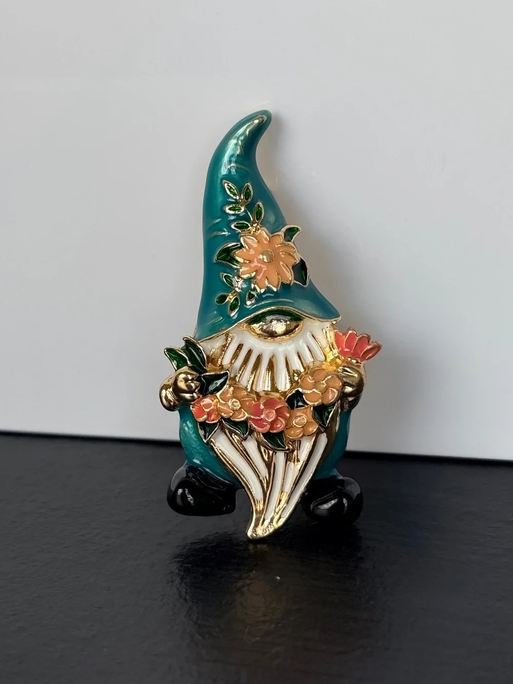 Teal Floral Gnome Enamel Brooch